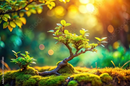 Miniature Branch Leaves Tilt-Shift Photography, Fairy Tale Nature Scene, Closeup Leaf Detail, Artistic Diorama, Whimsical Garden