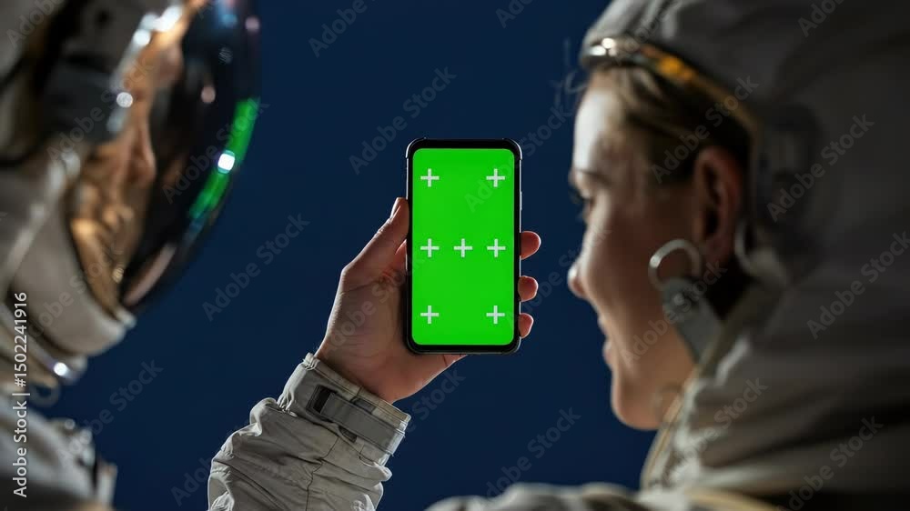 Astronauts Communicating with Green Screen Smartphone in Space