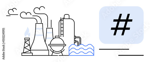 Industrial plant with chimneys, tanks, pipelines, smoke, and water beside a prominent metadata tag symbol. Ideal for industry, technology, sustainability, energy innovation digitalization simple