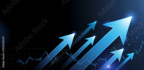 Blue arrows pointing upwards with stock market chart on a dark background indicating growth