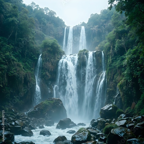 A frozen waterfall cascades amidst snow-covered trees and rocky cliffs, with a serene frozen stream below.