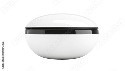 White, oblate spheroid device with a dark band near the equator, suggesting a hinged or opening lid.  Smooth, minimalist design