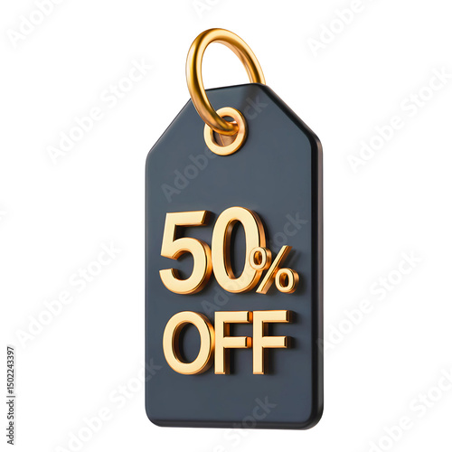 50% OFF tag with a golden ring and text