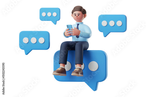 Cartoon man sitting on a blue speech bubble using a smartphone surrounded by other speech bubbles