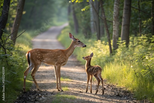 Wild guanaco mammals graze in a green Patagonian forest landscape