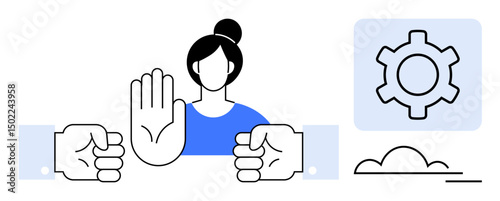 Woman raises hand in stop gesture between opposing fists, emphasizing conflict resolution. Ideal for communication, teamwork, leadership, negotiation, boundaries, problem solving, simple landing page