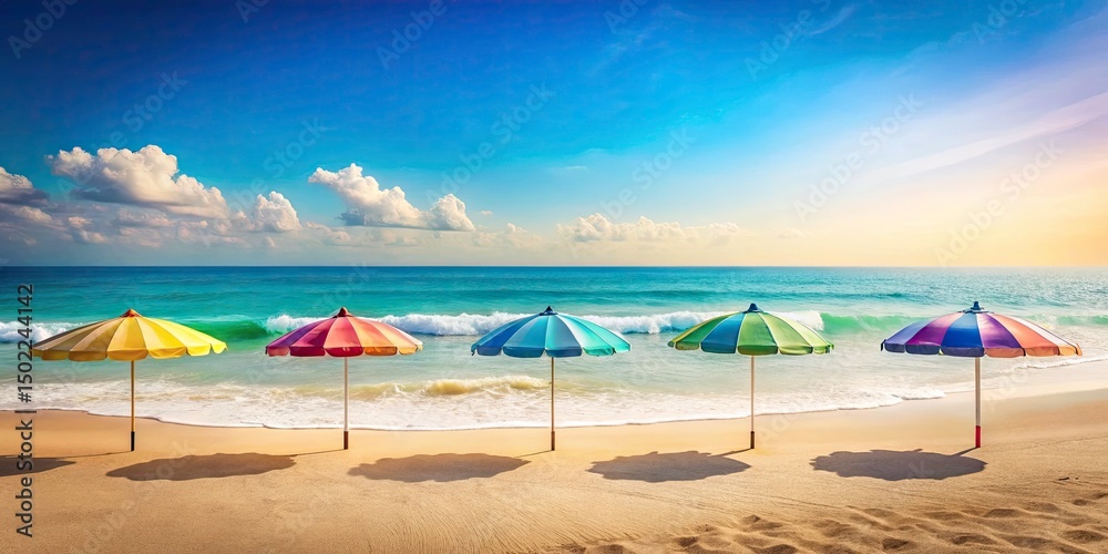 Fototapeta premium Minimalist Summer Beach: Hello Summer Umbrellas & Ocean Waves Photography