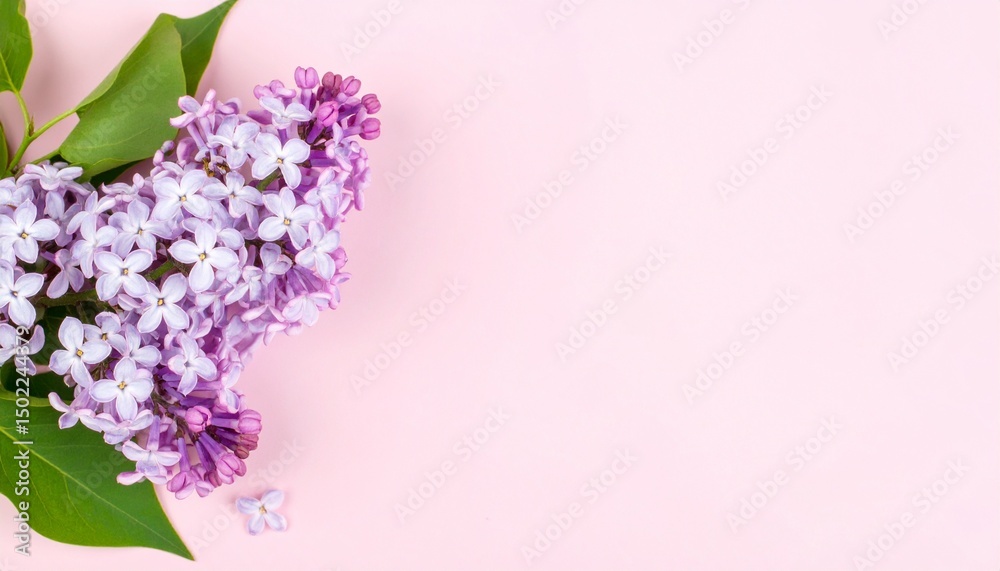 Fototapeta premium マット質感の落ち着いた背景に淡紫色のライラックがひっそりと置かれ、自然な色のグラデーションと葉の緑が調和した洗練された上品な雰囲気。