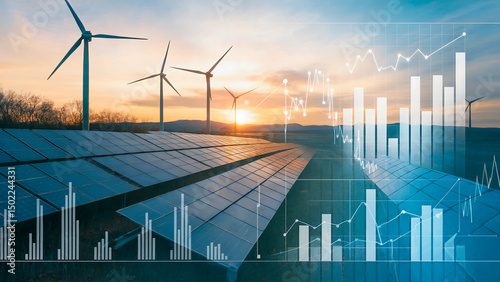 Wind turbines and solar panels at sunset with financial chart and data visualization