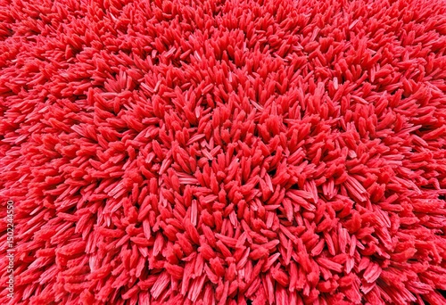 Close-up view of a vibrant red textured floor covering.