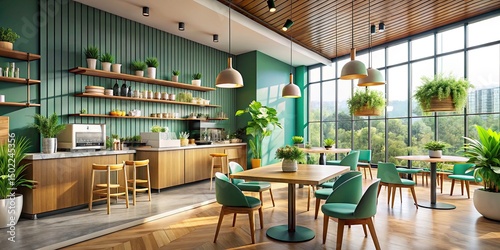 Modern Cafeteria Coffee Shop Interior Design, 3D Render, Minimalist Coffeehouse, Stylish Cafe Space