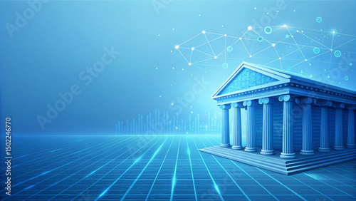 bank building on digital blue background