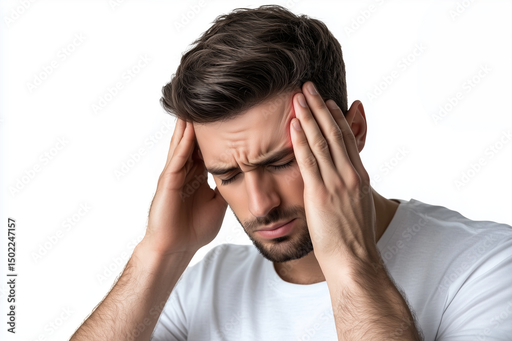Man with headache holding his head with his hands isolated on white background, showing stress, pain, and frustration Man with headache holding his head with his hands isolated on white background, showing stress, pain, and frustration