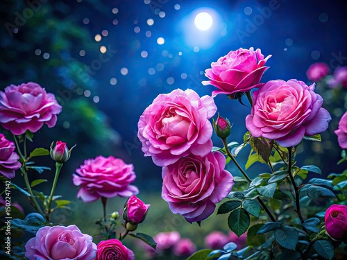 Night Bloom: Pink Rose Bush Spring Garden Photography, Dark Pink Roses Night Scene,  Floral Night Photography,  Spring Garden Night