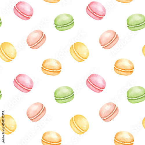 pastel watercolor macaroons seamless pattern design on white background