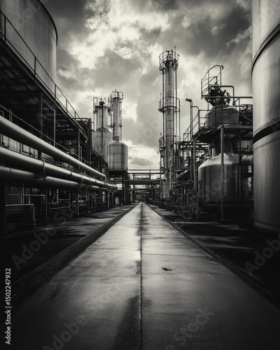Industrial processing facility pathway with pipes and storage tanks under dramatic skies