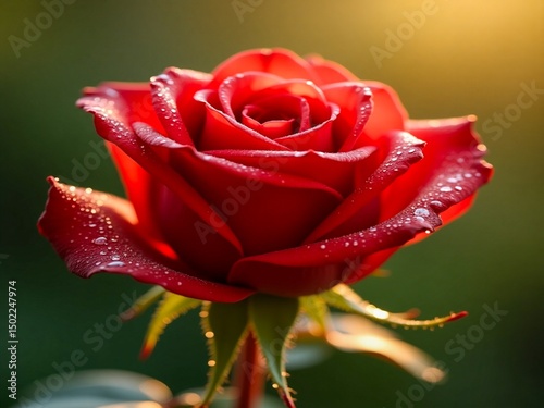 A highly detailed, realistic close-up of a freshly bloomed, velvety red rose, covered in delicate morning dew droplets that sparkle like tiny diamonds, with soft, warm sunlight gently filtering throug