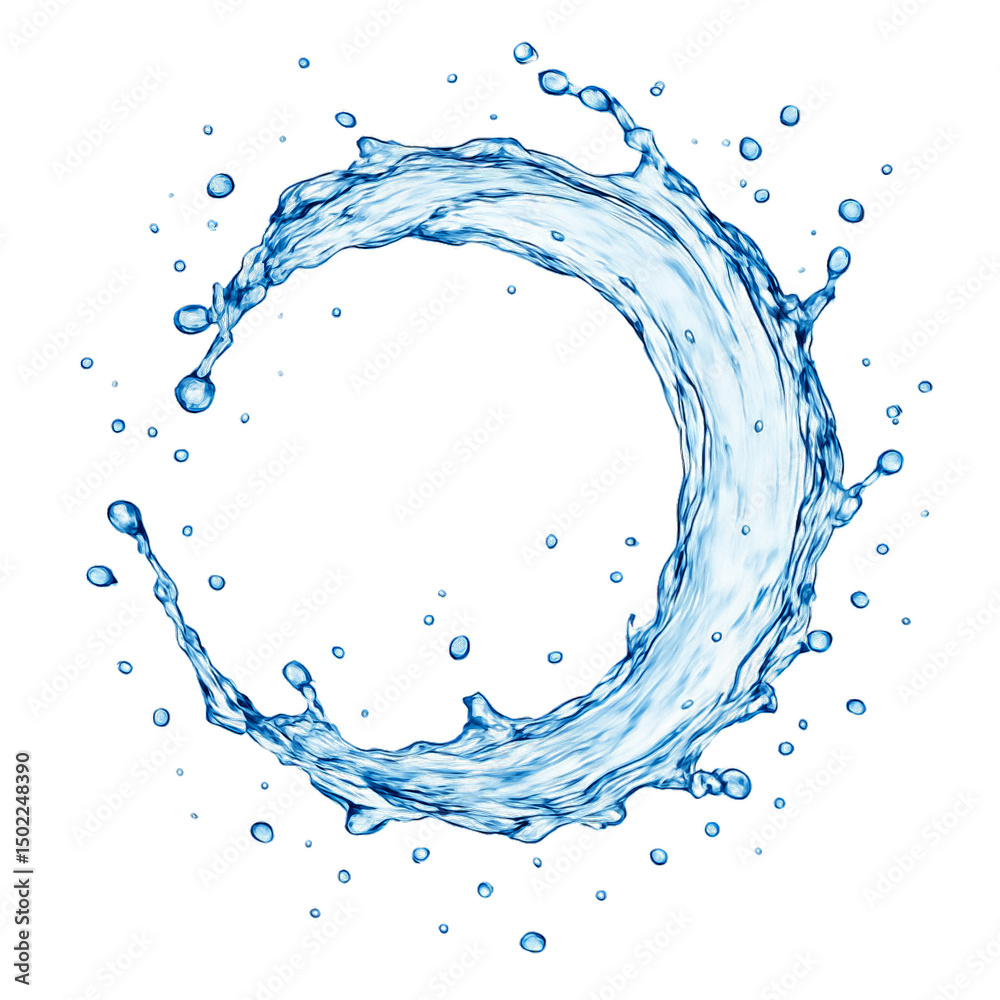 Fototapeta premium Dynamic splash of water forming circular shape with droplets scattered around, symbolizing freshness and purity, transparent