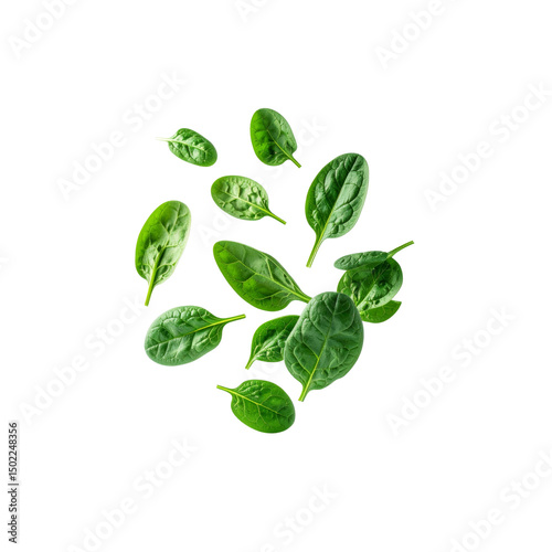 Fresh green spinach leaves falling on eco food diet on transparent background