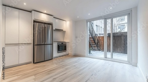 Modern kitchen/dining area with backyard view