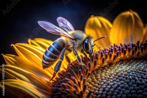 Night Sunflower Honey Bee Photography, Stunning Macro Night Bloom Insect, Dark Floral Nature