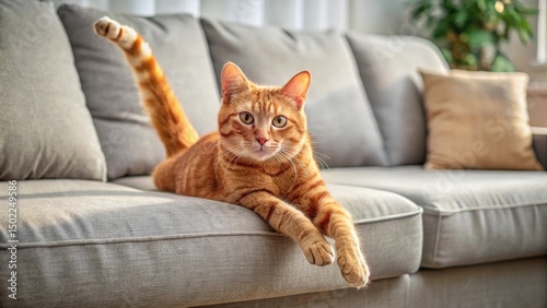 Red cat stretches languidly on a plush sofa