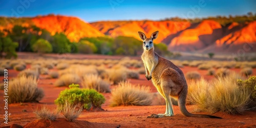 A kangaroo standing alone in the Australian outback with a vast expanse of red earth and rocky outcrops photo