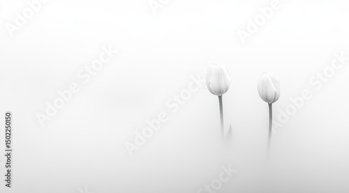 Two delicate white tulips, softly focused, emerge from a misty, ethereal white background