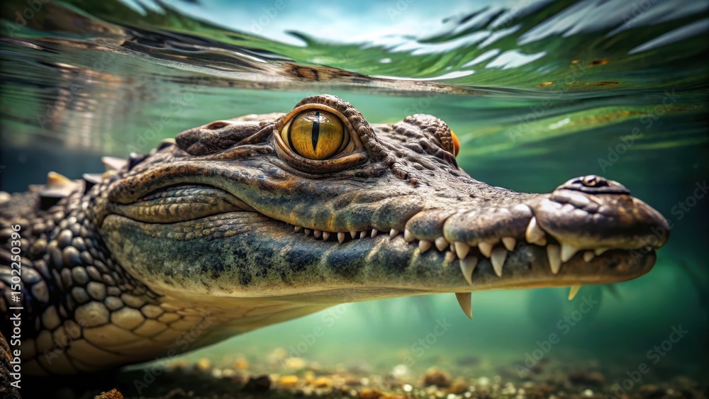 Fototapeta premium A crocodile's piercing gaze from beneath the murky water surface, its scaly body partially submerged , animal close up , crocodile eyes on water