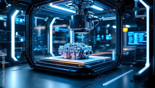 3D printer creating a complex mechanical part, showcasing advanced manufacturing.