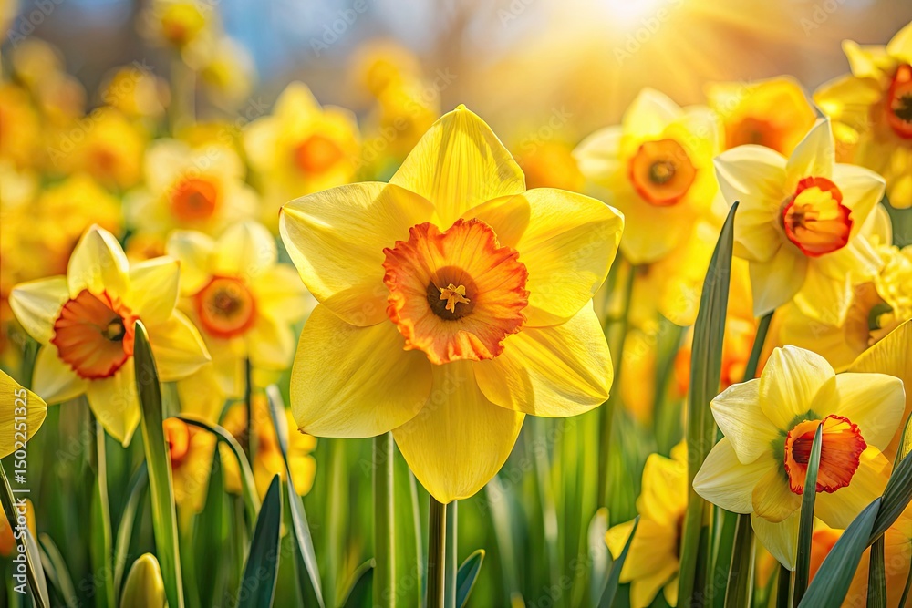 Obraz premium Panoramic Spring Blooms: Close-Up Yellow Daffodils & Irises Bouquet Photography