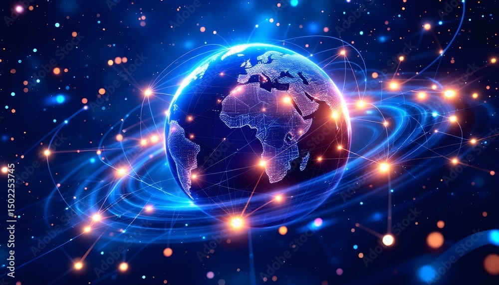 Fototapeta premium 3D rotating Earth with network lines and glowing hubs, futuristic global technology network visualization.