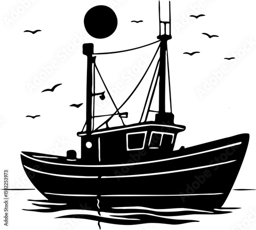 silhouette vector illustration of a fishing boat, isolated on white