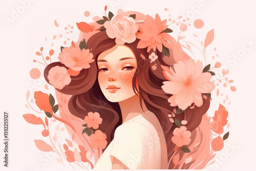Beautiful girl with closed eyes, flowers in hair, fashion illustration, isolated background, watercolor painting.