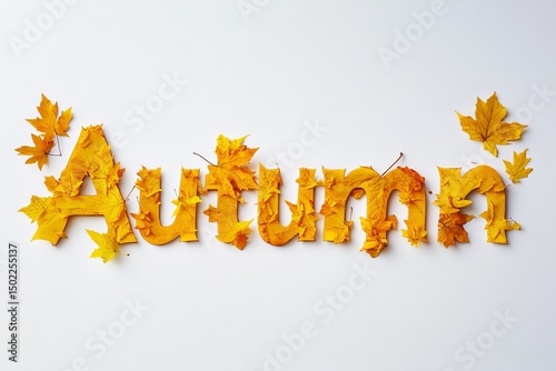 Yellow autumn leaves arranged around wooden letters with the inscription autumn on a white background. 