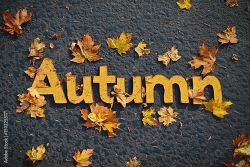 Yellow autumn leaves arranged around wooden letters with the inscription 