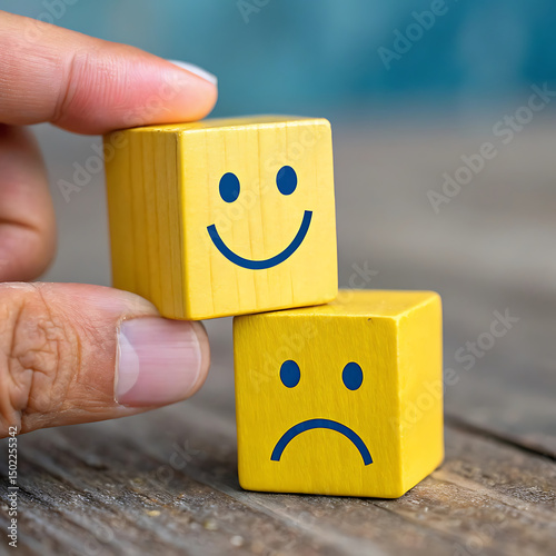 Customer service evaluation, feedback, rating, client experience, and satisfaction survey concepts. The businessman's hand chooses the happy smile face icon on yello cube on table.