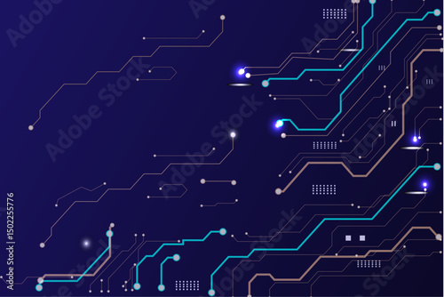 Neon light blue circle portal with electronics elements and wires are on a futuristic technology circuit board. Technology sky-fi background. 
