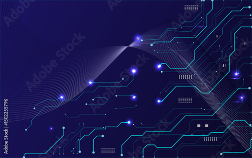 Neon light blue circle portal with electronics elements and wires are on a futuristic technology circuit board. Technology sky-fi background. 