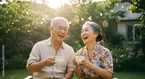 An elderly Asian couple laughing together while drinking tea in the yard