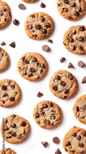 Delicious Chocolate Chip Cookies Arranged on White Background Flat Lay View