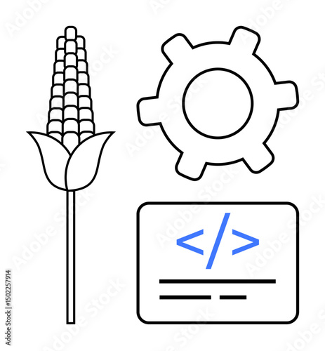 Corn plant beside gear and coding symbol highlights agricultural innovation, sustainable farming, and tech integration. Ideal for agriculture, sustainability, coding, technology, engineering