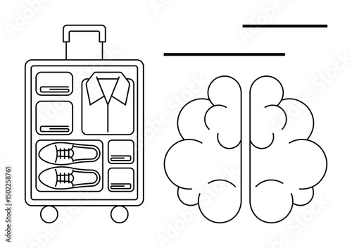 Minimalistic suitcase with neatly arranged items beside a brain icon. Ideal for planning, organization, mindfulness, travel prep, efficiency, mental clarity, productivity. Flat simple metaphor