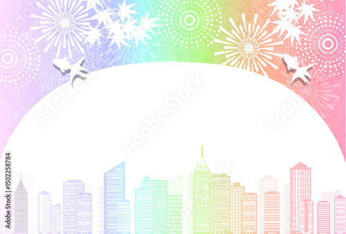 花火　ビル　金魚　夏　背景