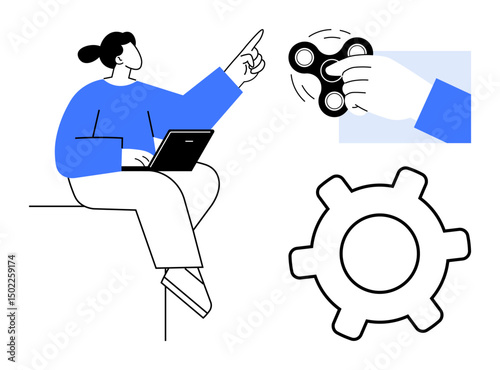 Person with a laptop gesturing, hand spinning fidget toy, bold gear icon. Ideal for teamwork, tech processes, focus, problem-solving, workflow innovation mindfulness. Flat simple metaphor