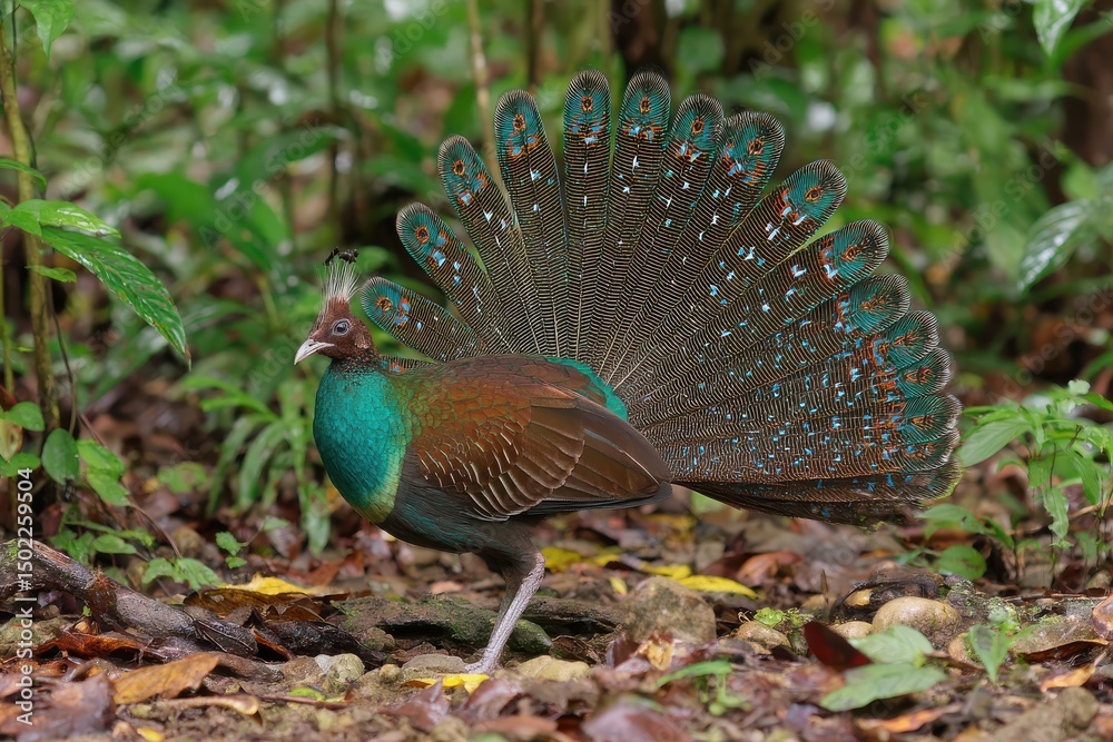 Obraz premium Vibrant and Colorful Bird Displaying Its Stunning Feathers in a Lush Green Forest Environment with Rich Foliage in the Background