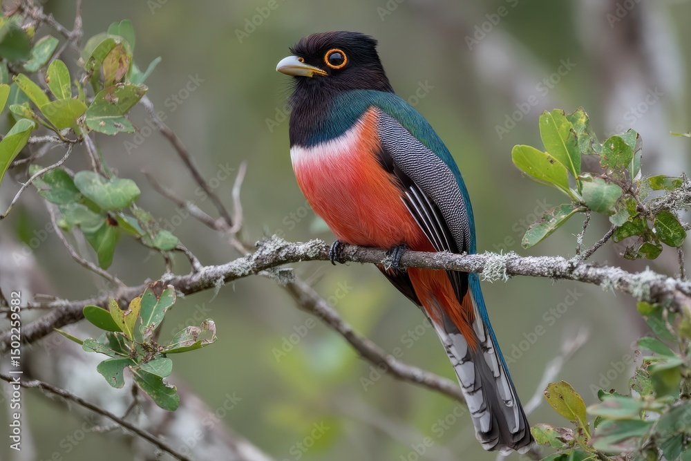 Naklejka premium Vibrant and Colorful Bird Perched on Branch in Natural Habitat with Lovely Green Leaves in Background, Showcasing Bright Plumage and Intricate Details