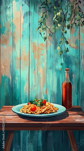 Pasta with Tomato, Basil, and Bottle on Wood Table Against Turquoise Backdrop