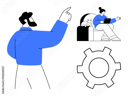 Person giving instructions, woman working on laptop with cat nearby, gear icon represents technology. Ideal for teamwork, guidance, remote work, productivity, tech setup, business simple landing