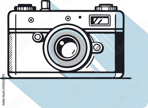 Stylized illustration of a vintage camera with sleek lines and shadows.